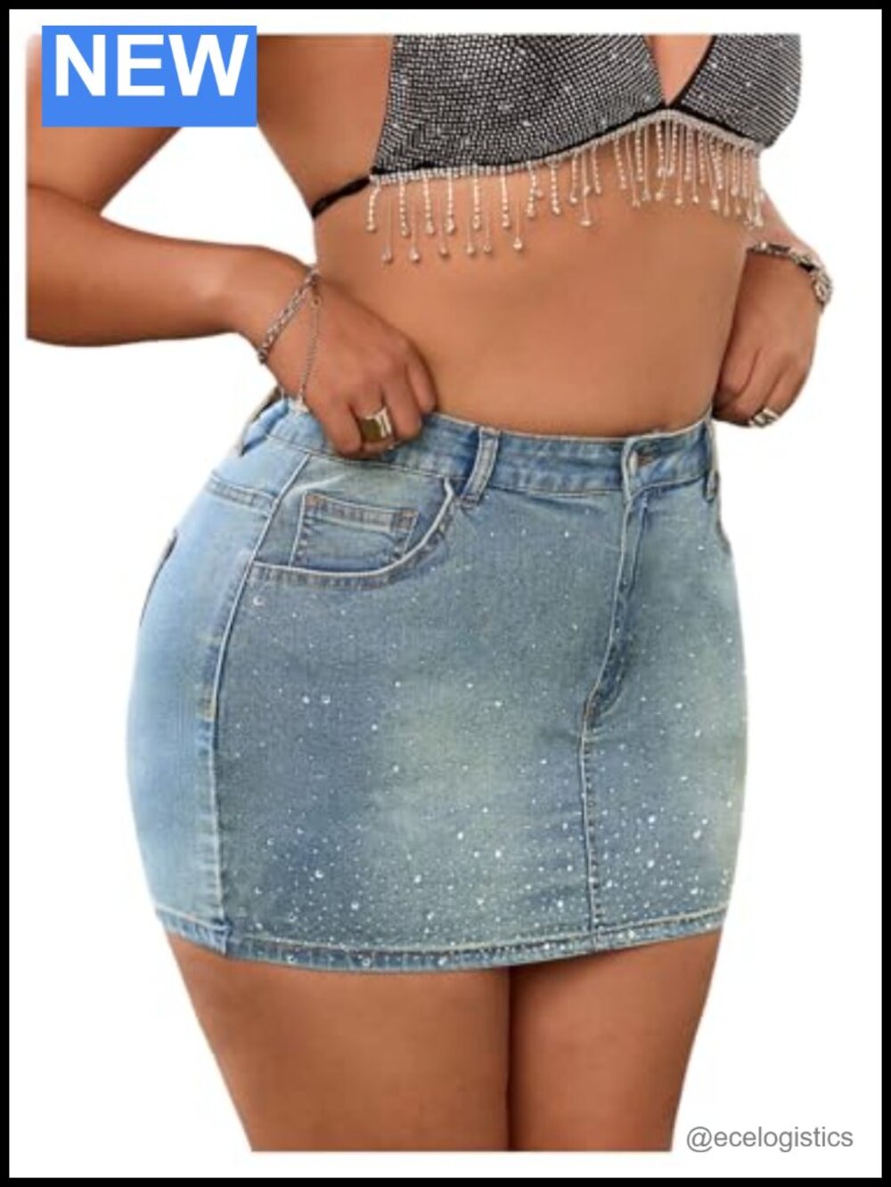 Plus Size Rhinestone Denim Mini Skirt High Rise Skinny Bodycon Sparkly Glitter